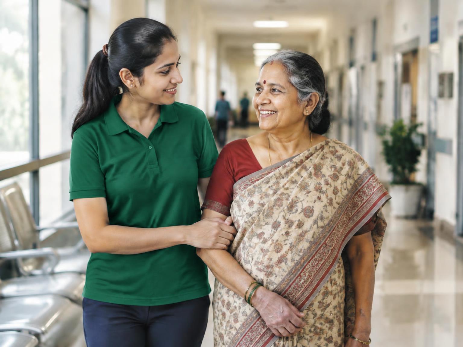 A companion supporting an elderly Indian mother in a hospital corridor