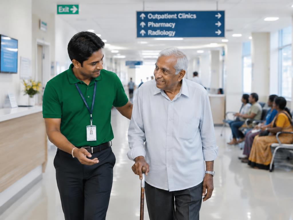 Companion guiding an elderly man with a walking stick through a hospital corridor